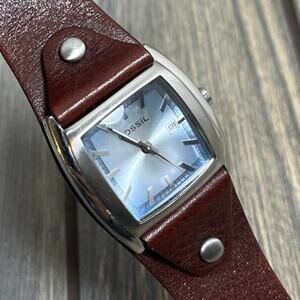 Fossil Watch Women 26mm Silver Tone Date Brown Leather Band Dressy Casual